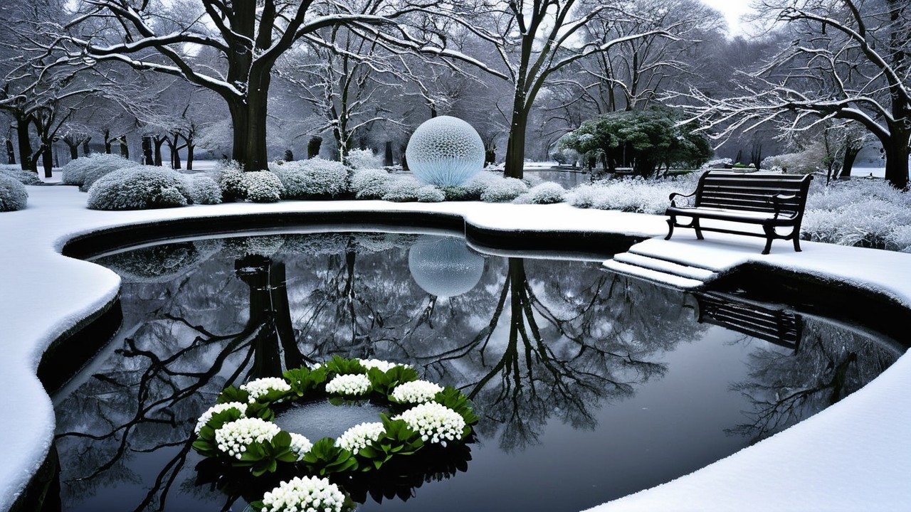 Winter Landscape with Pond and Snow-Covered Trees
