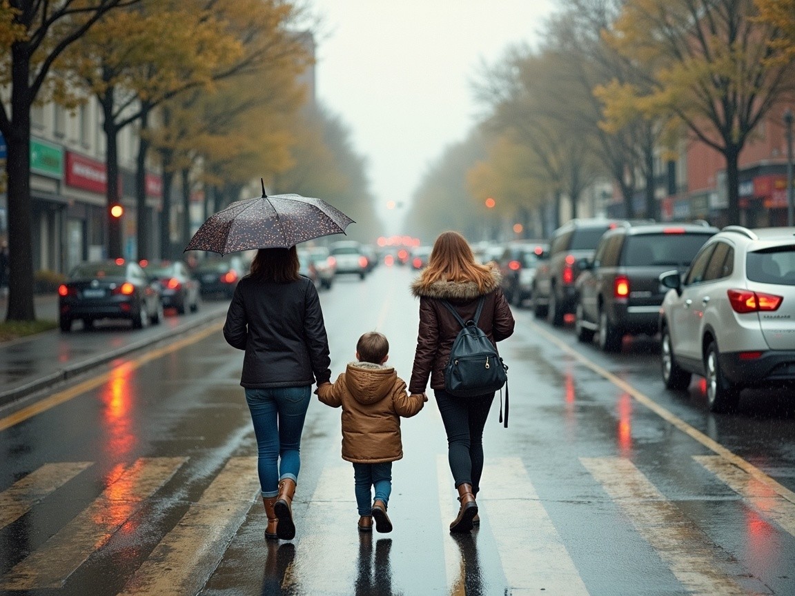 Family Stroll on a Rainy Autumn Street