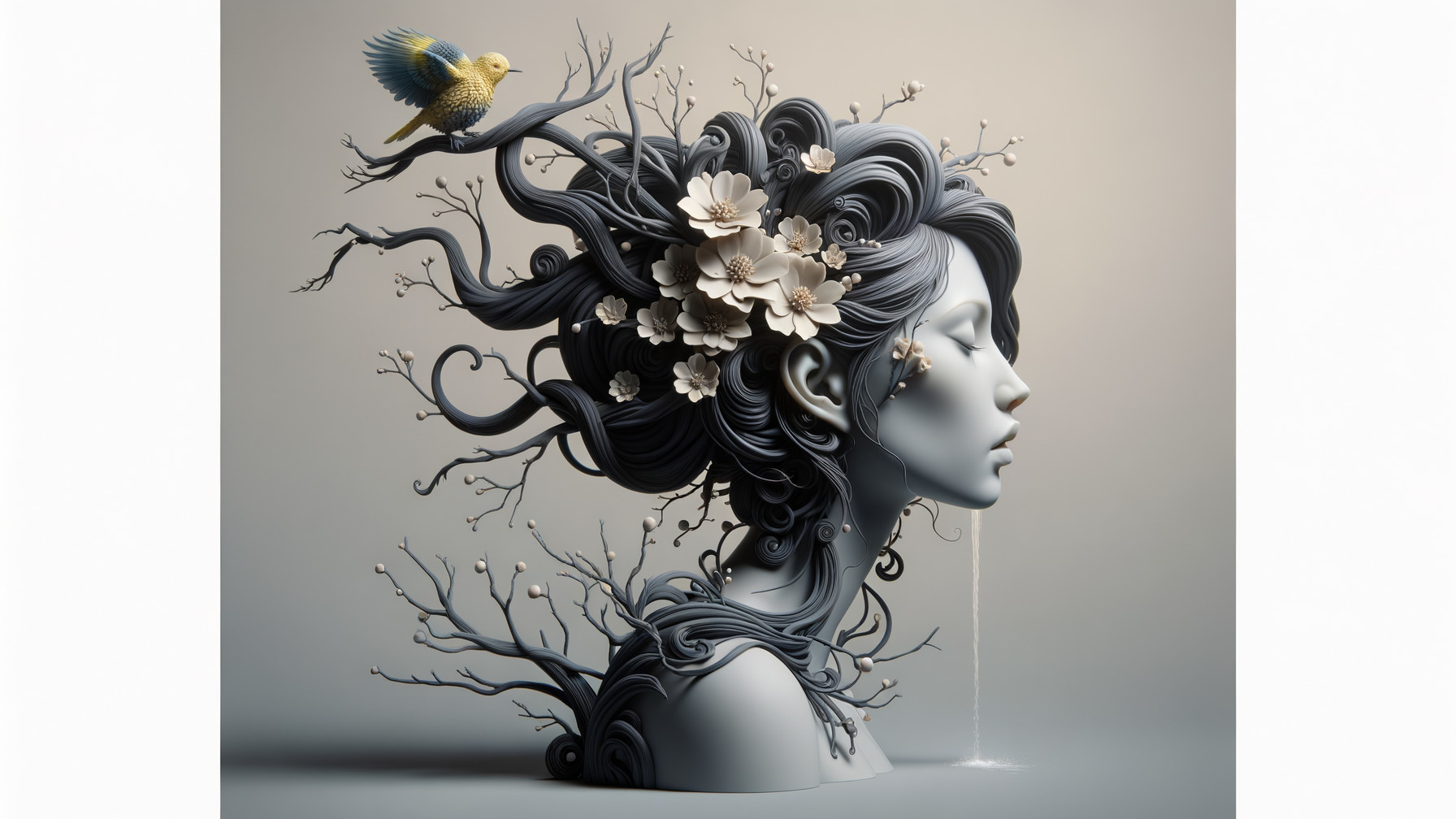 Intricate sculpture of a woman's head with nature elements