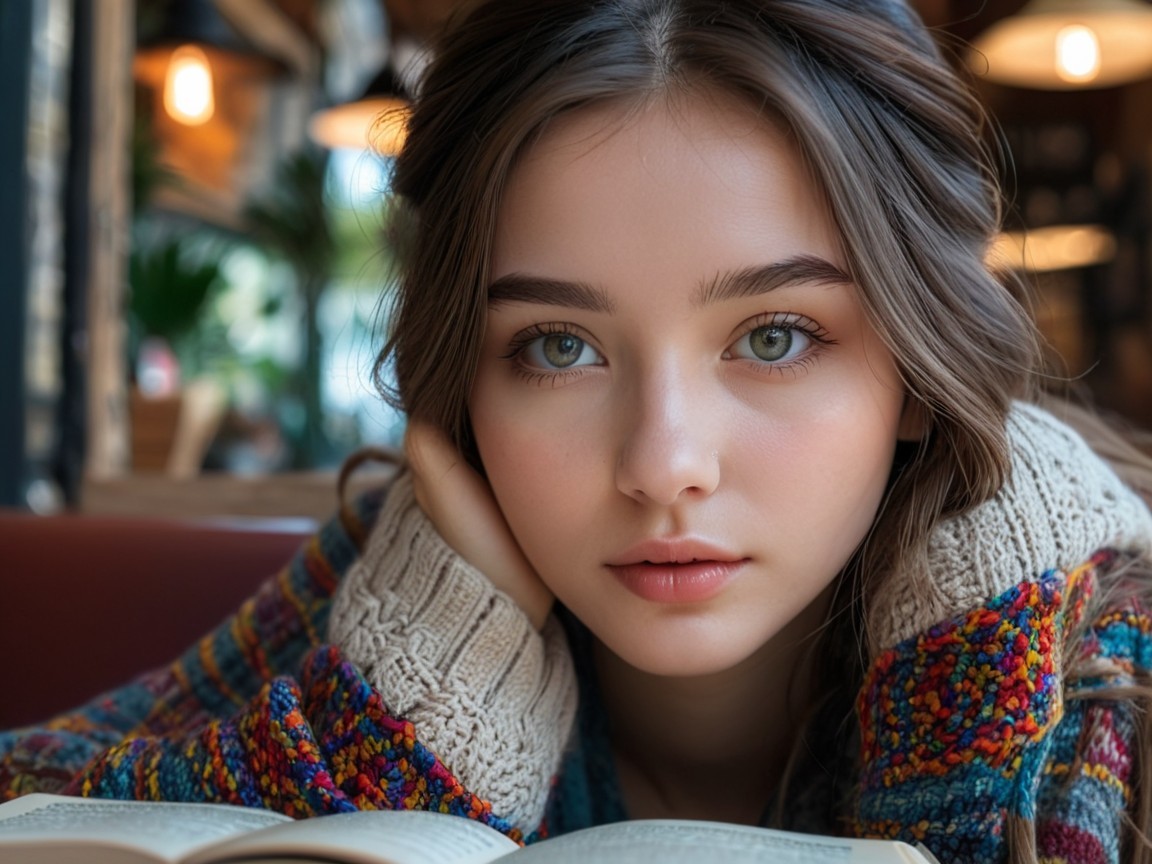 Young Woman in Cozy Café with Open Book
