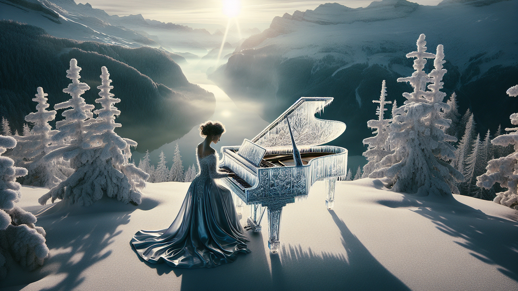 Woman in gown playing crystal piano in winter scene
