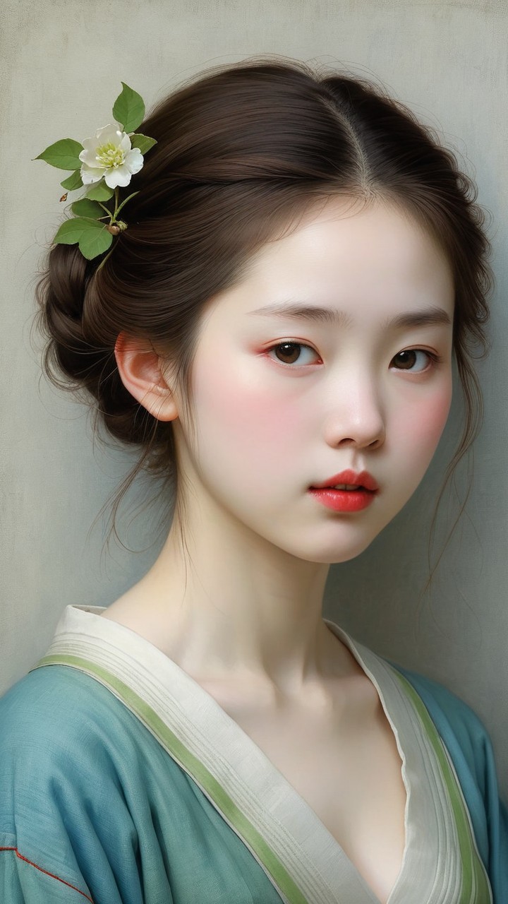 Young woman with elegant features in blue garment