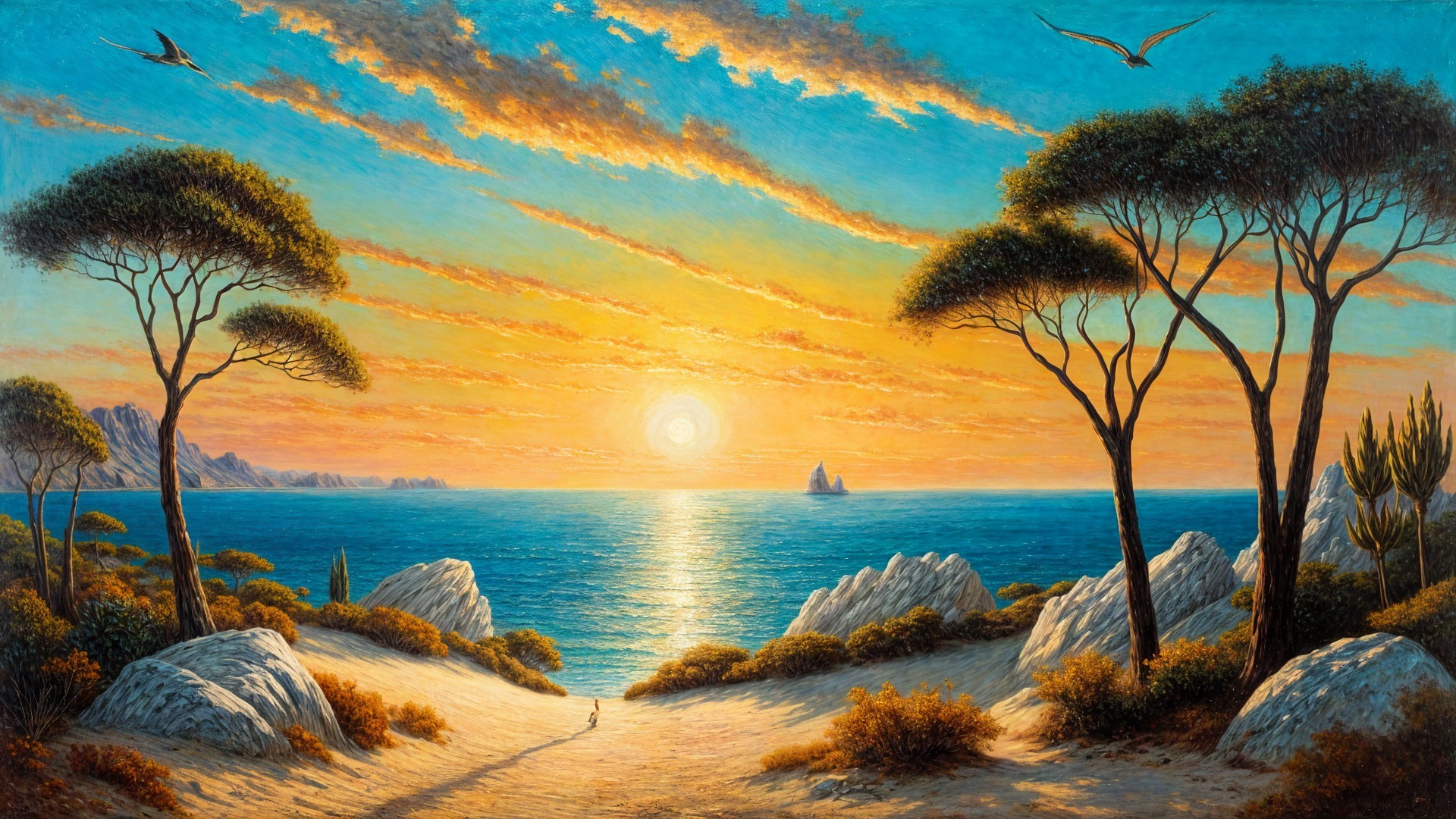 Serene Coastal Sunset Landscape with Vibrant Colors