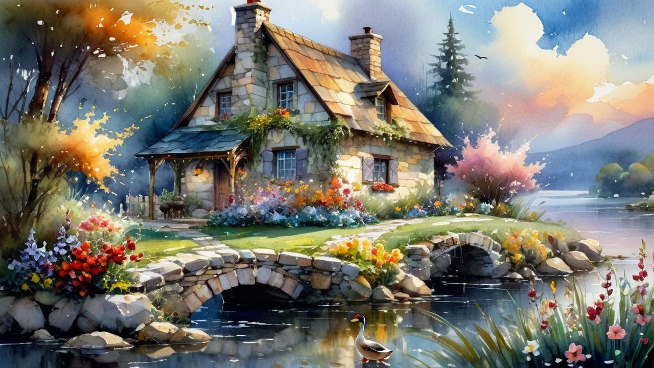 Watercolor of a cottage by a serene lake and flowers