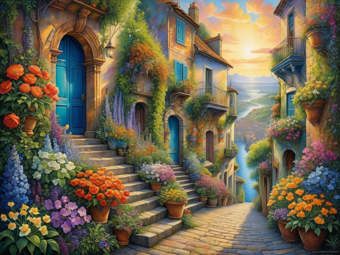 Charming Village Street with Colorful Houses and Flowers