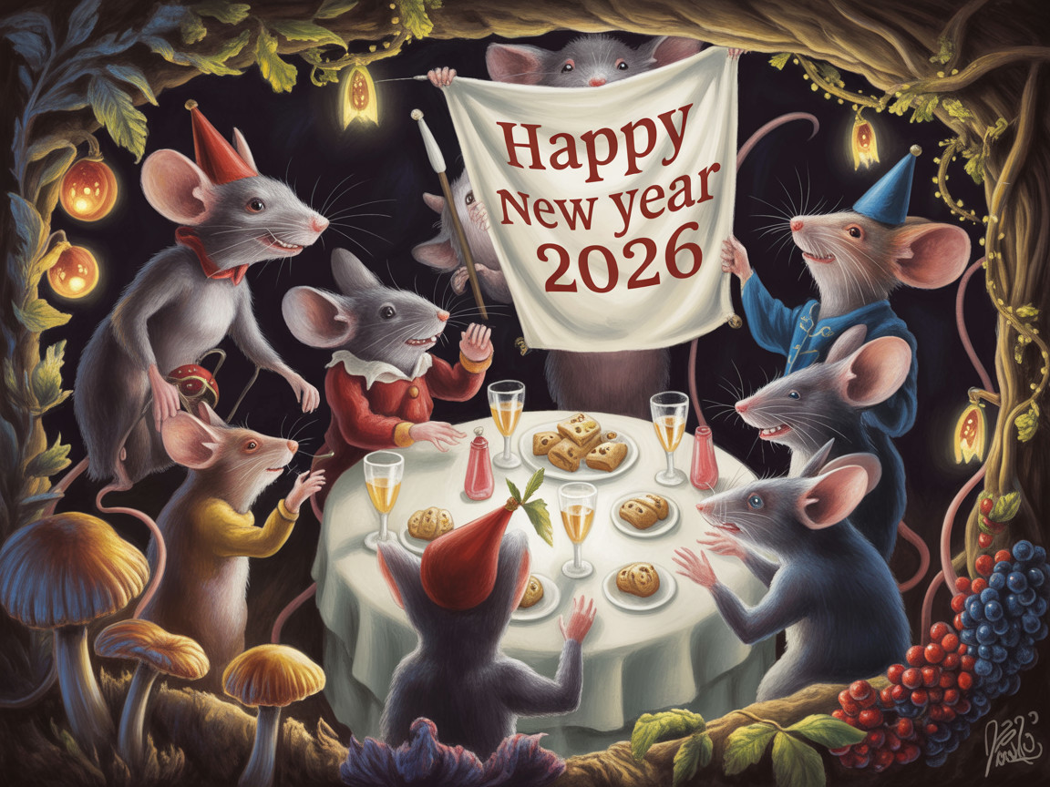 Mice Celebrating New Year 2026 in Enchanted Forest