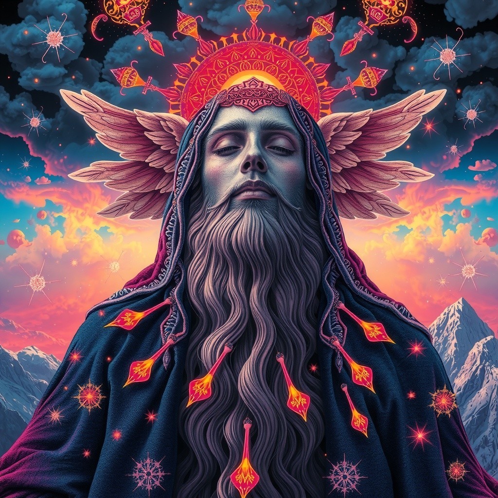Majestic figure with wings in a colorful celestial scene