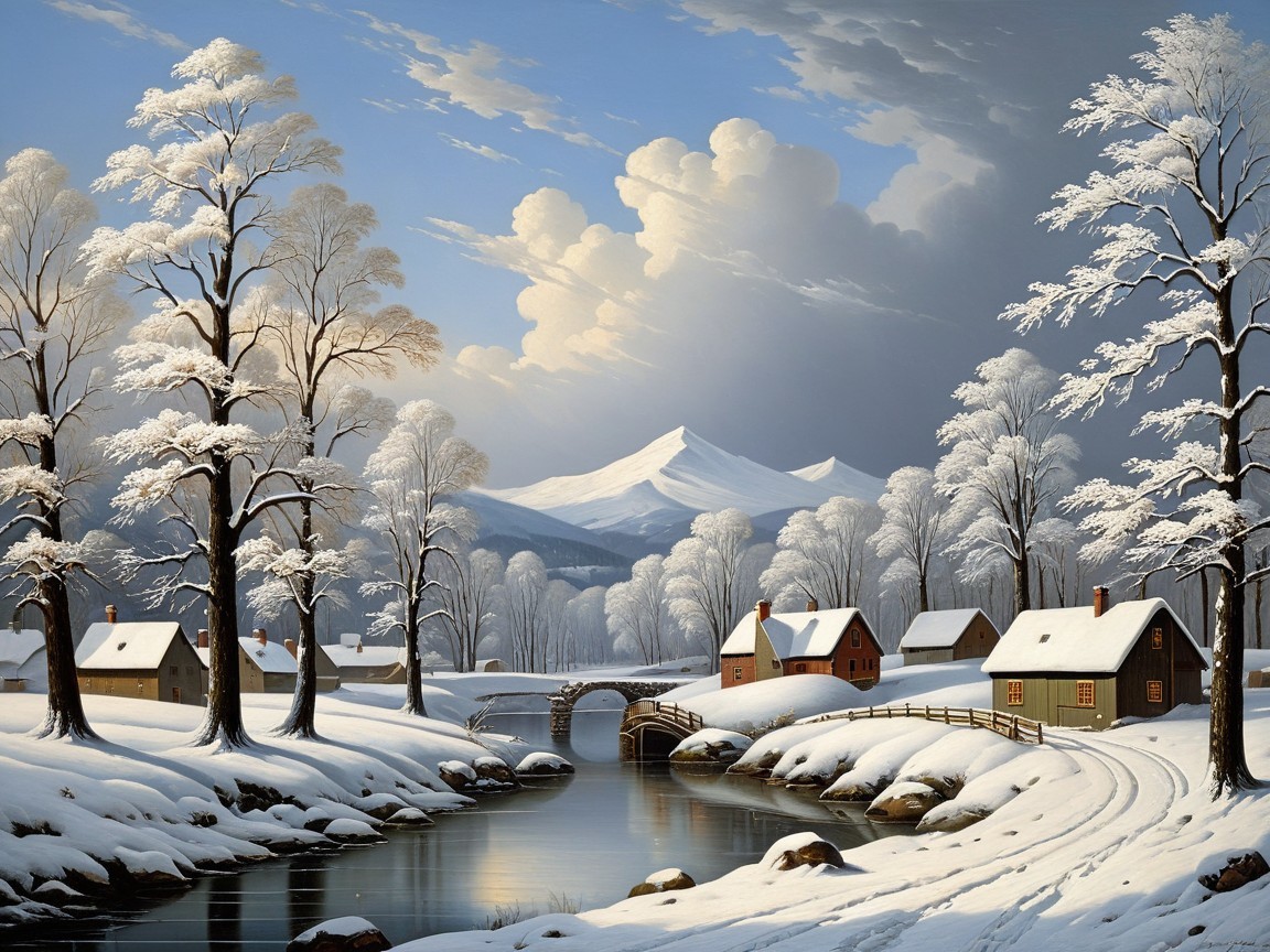 Winter Landscape with River and Snow-Covered Cottages