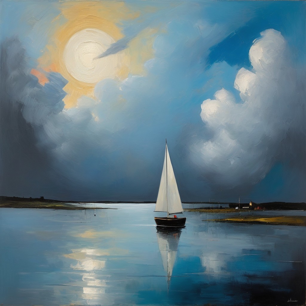 Serene Seascape with Sailboat and Dramatic Sky