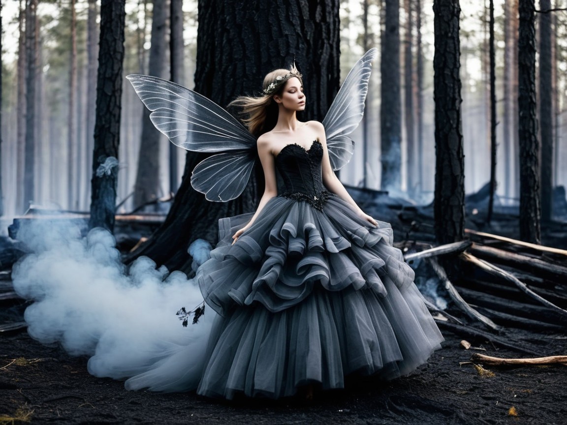 Ethereal Woman in Black Gown in Mystical Forest