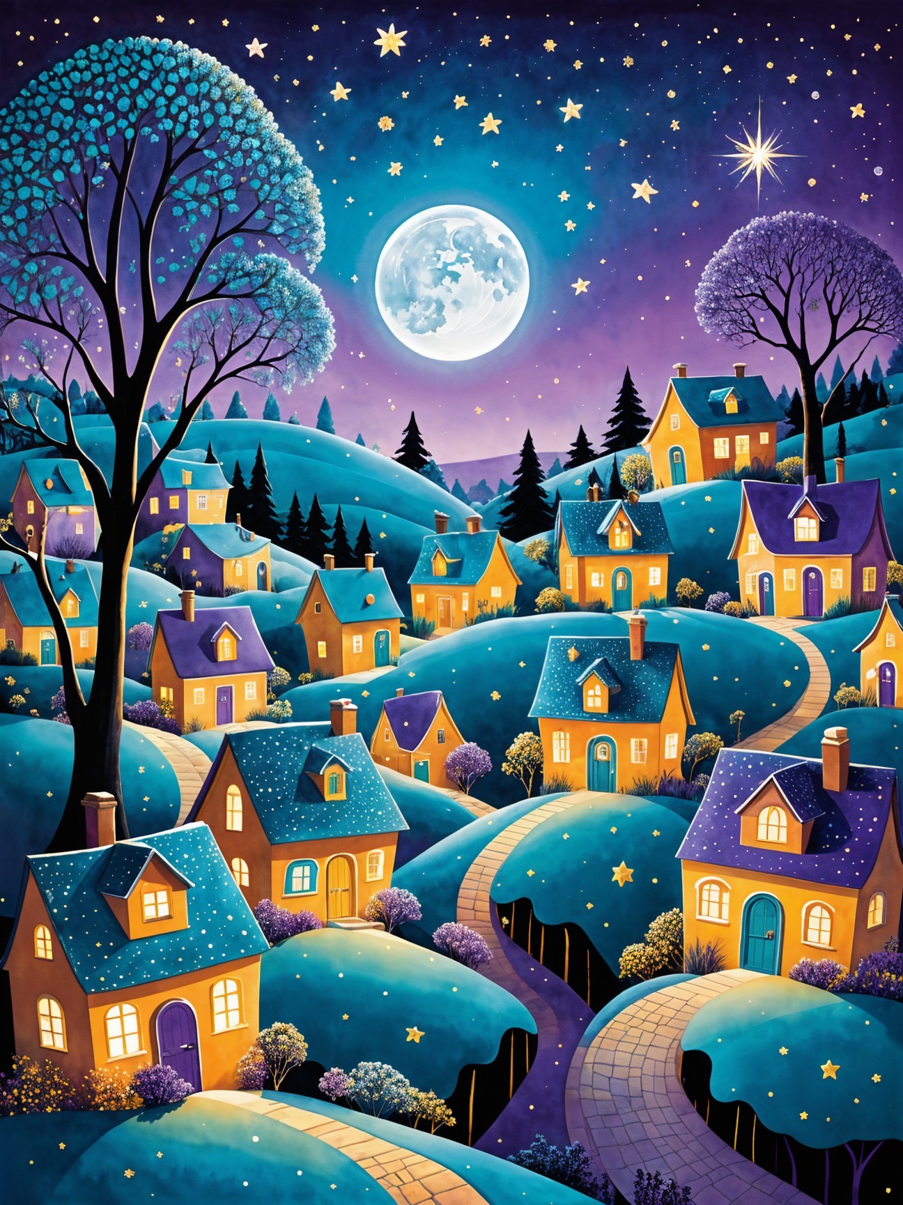 Charming Nighttime Village Scene with Illuminated Hills