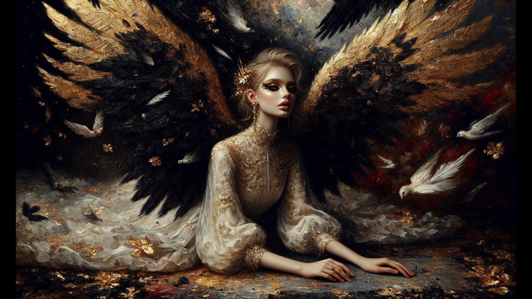 Ethereal Figure in Dark and Golden Feather Setting