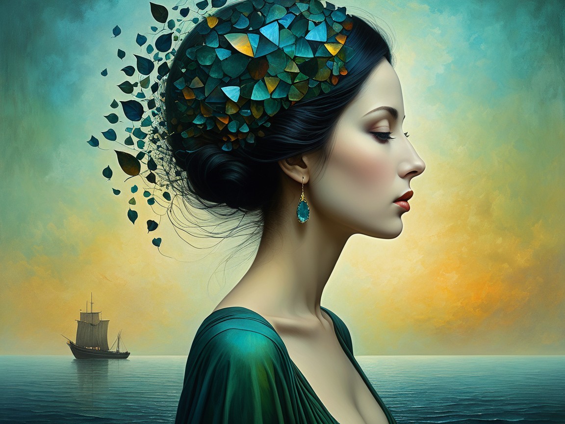 Profile of a Woman with Elegant Hairstyle and Sea Sunset