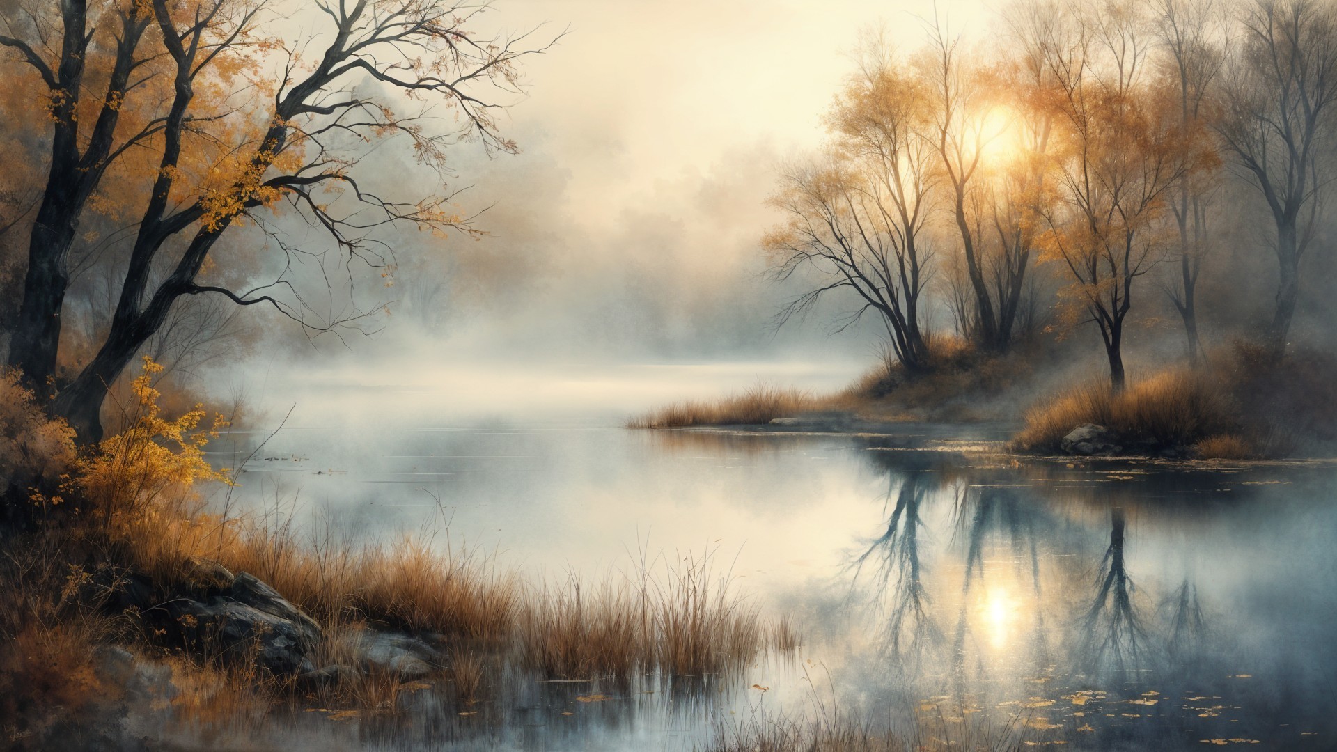 Serene Autumn Landscape with Reflective River and Mist