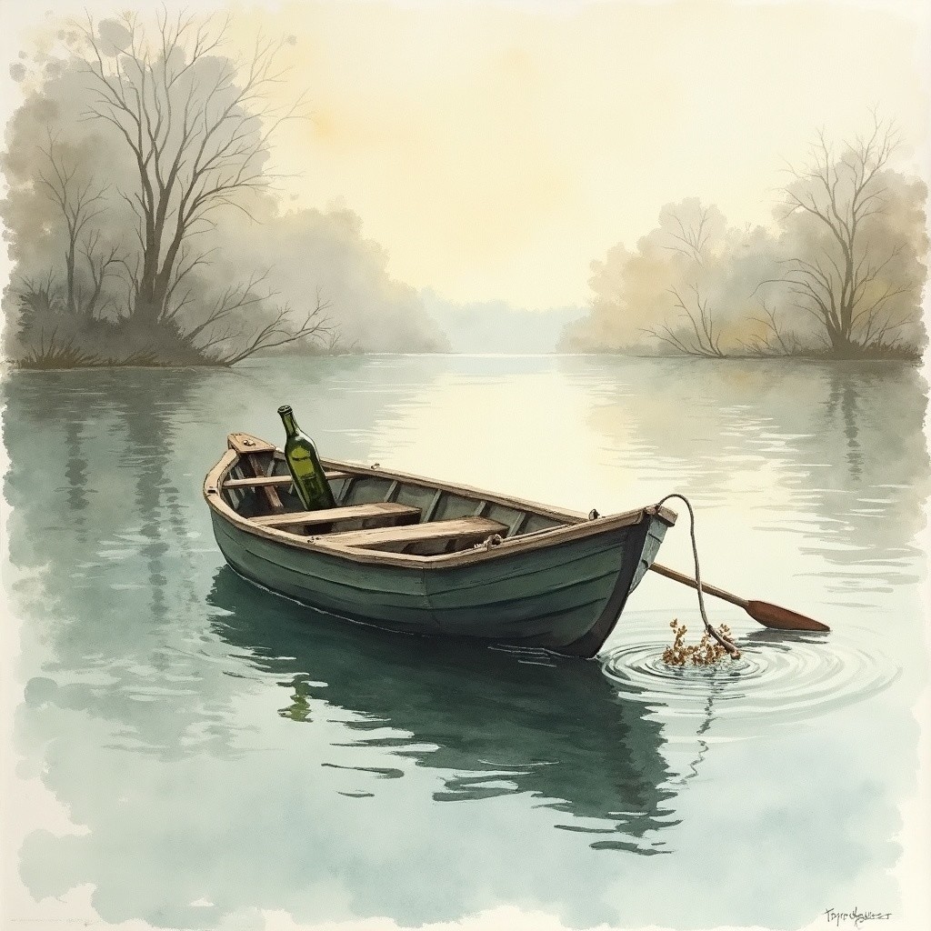 Serene Wooden Boat on Tranquil Misty River