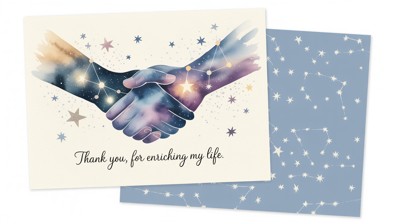 Watercolor Card with Hands Shaking and Night Sky