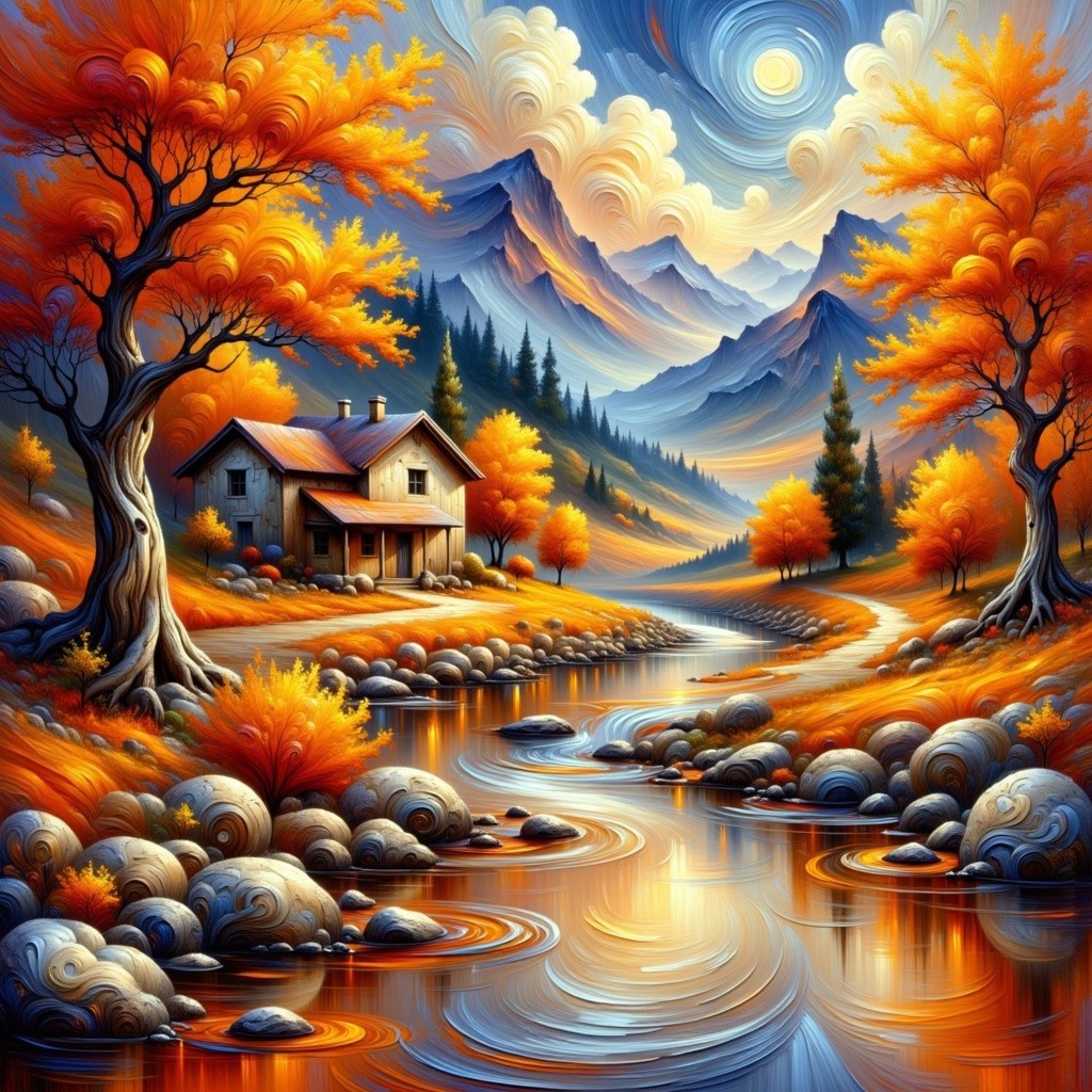 Autumn Landscape with House by Serene River and Mountains