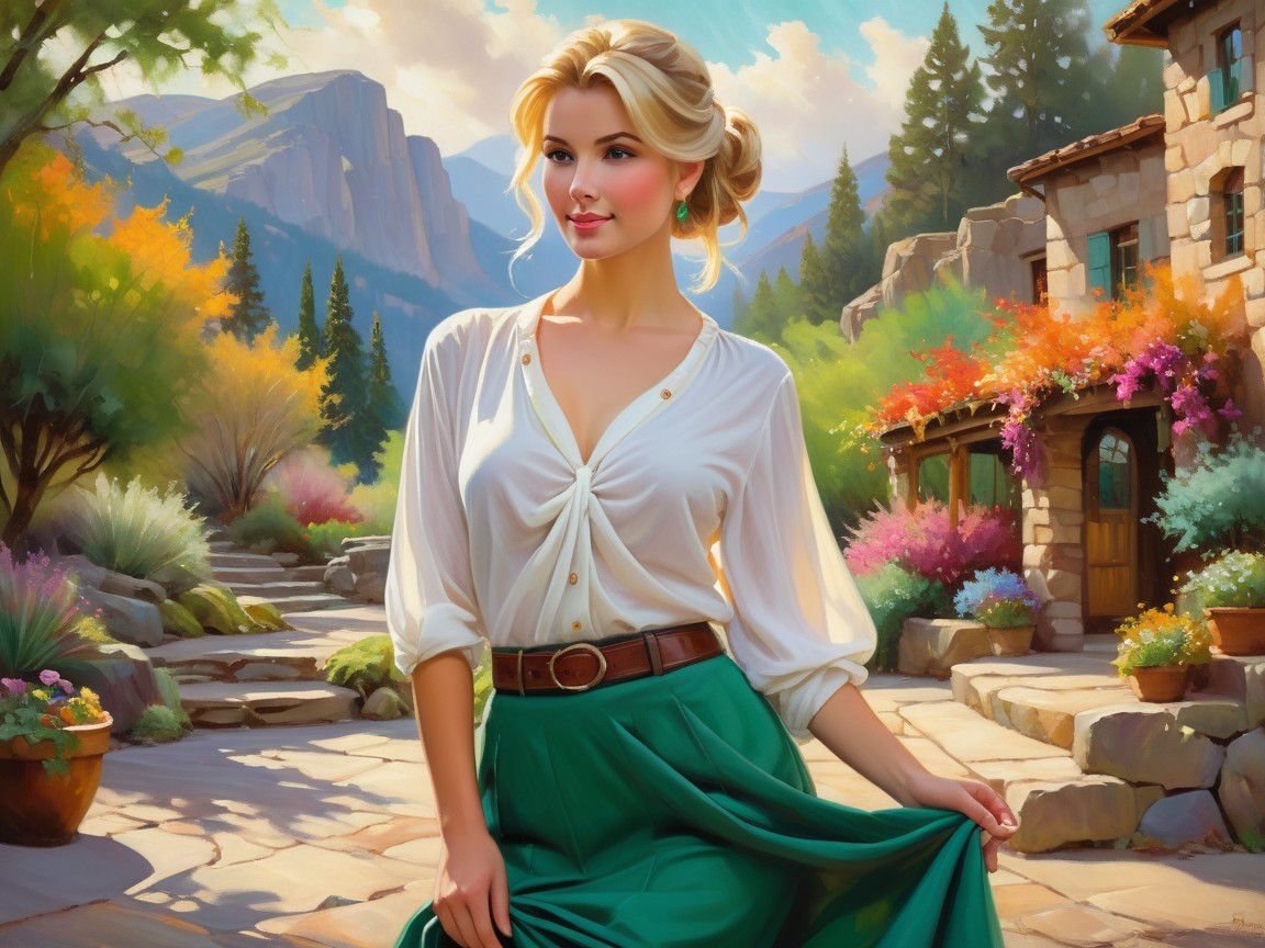 Young Woman in Garden with Mountains and Flowers