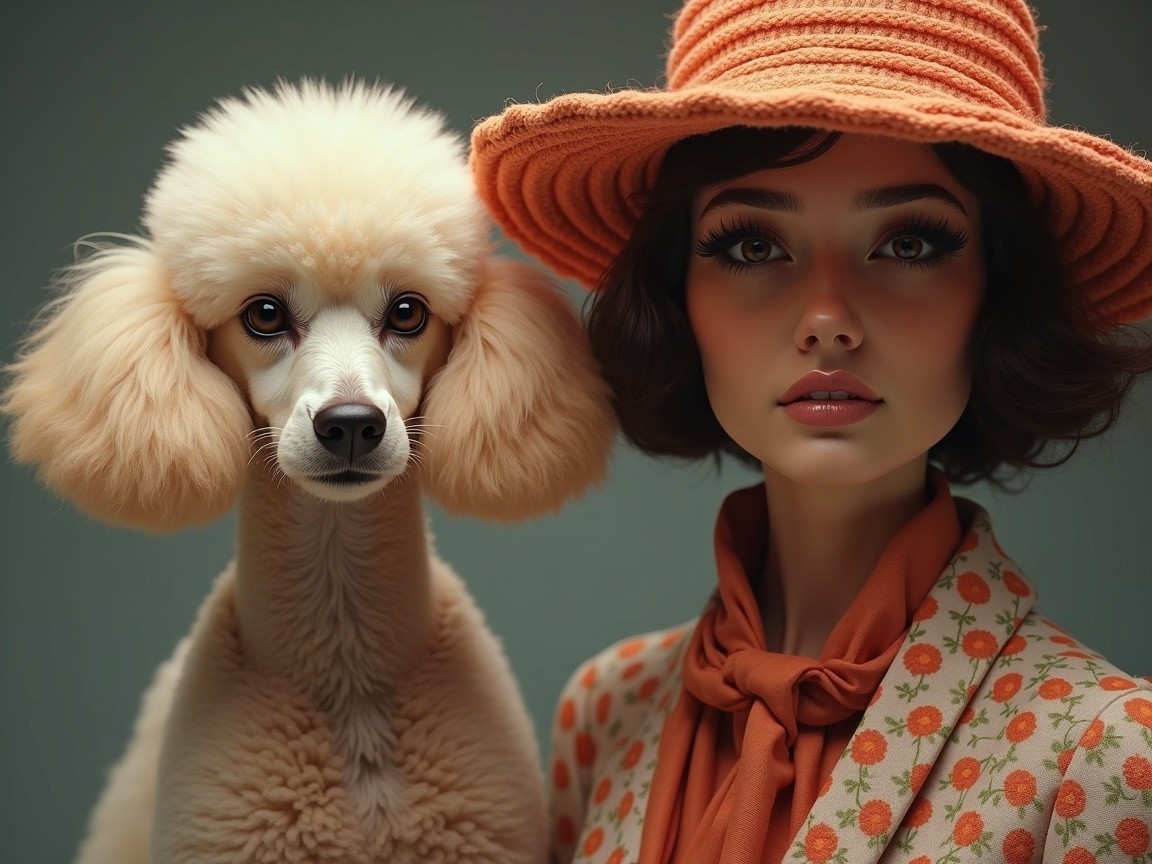 Stylish Woman and Cream Poodle in Orange Attire