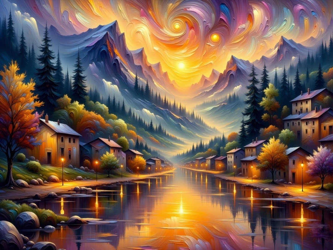 Vibrant Sunset Landscape with Mountains and River