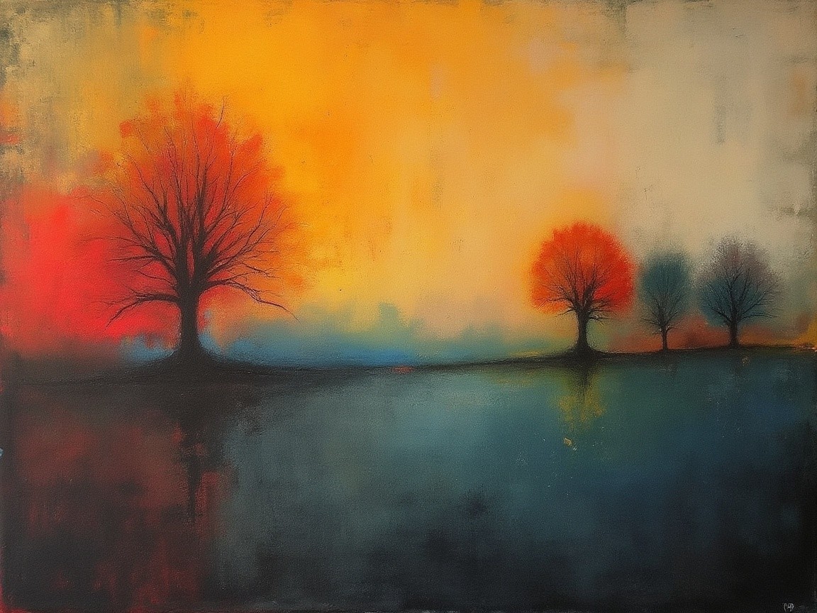 Serene Landscape with Trees and Vibrant Sunset Colors