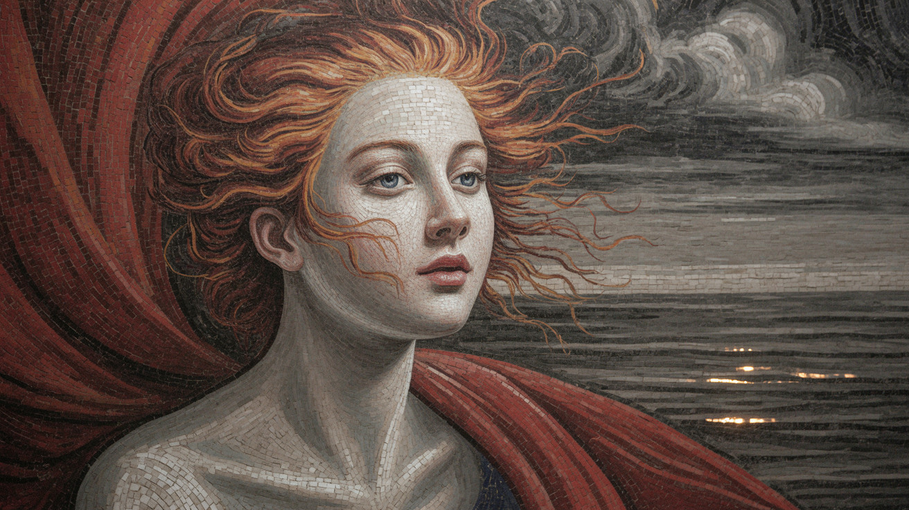 Mosaic of a Woman with Red Hair and Dramatic Backdrop