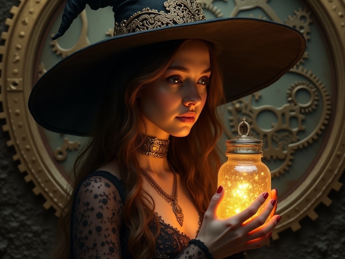 Young woman in witch hat with glowing jar and gears