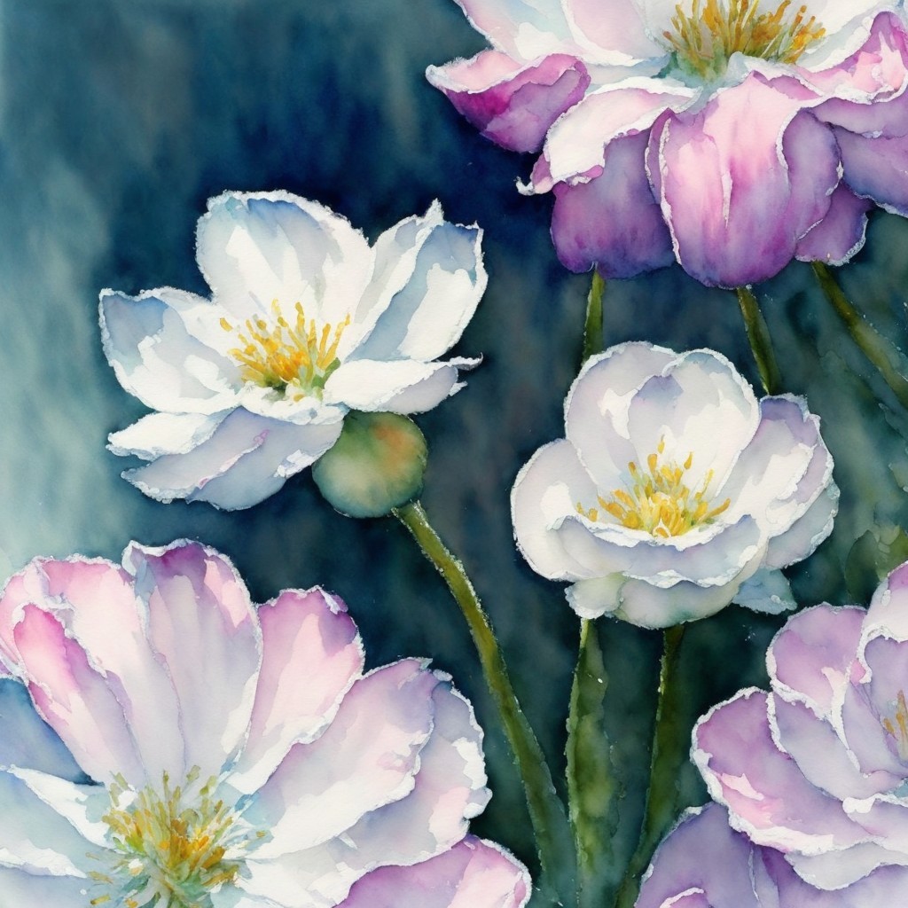 Watercolor Painting of Delicate Flowers on Blue Background