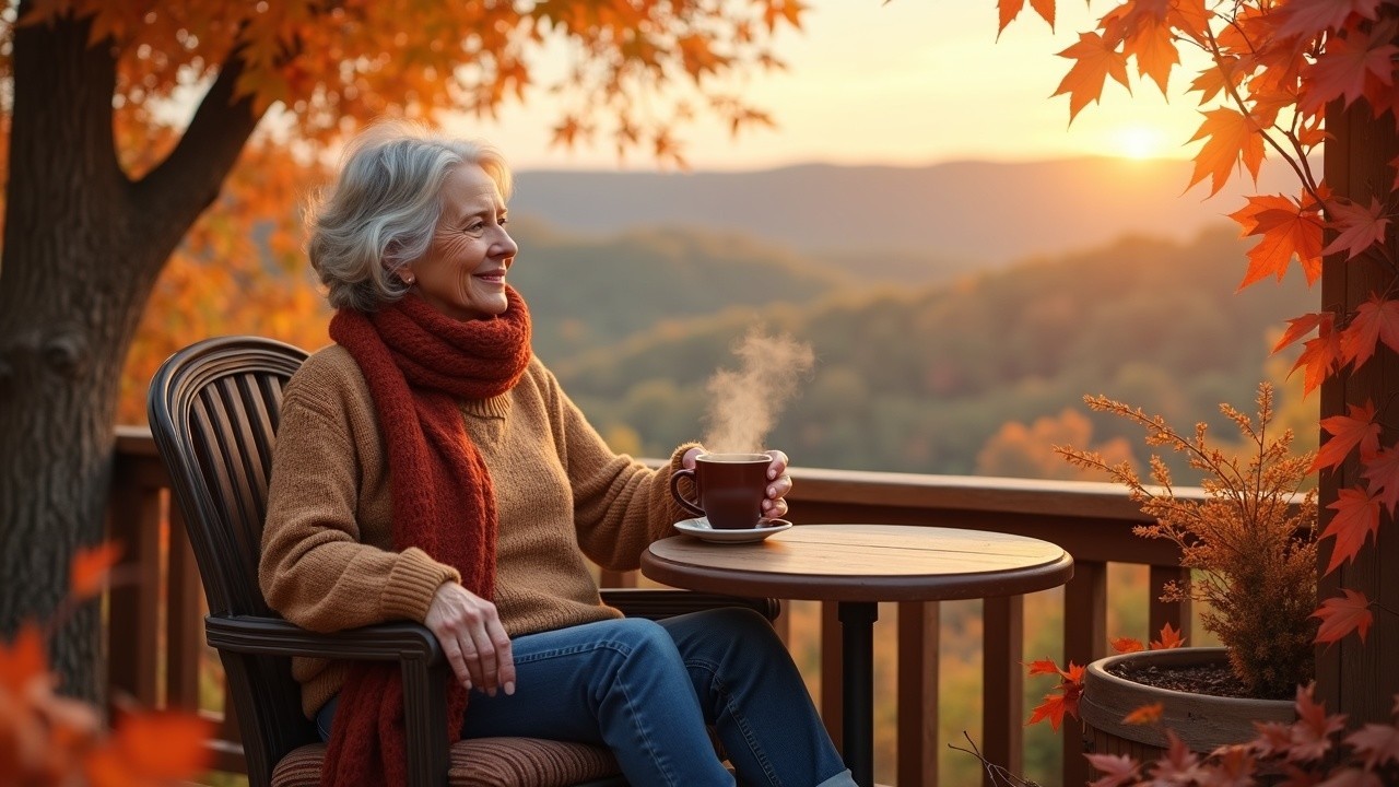 Autumn Scene with Woman on Porch and Fall Foliage