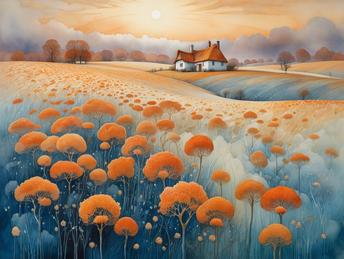 Tranquil Landscape with Cottage and Sunrise Hues