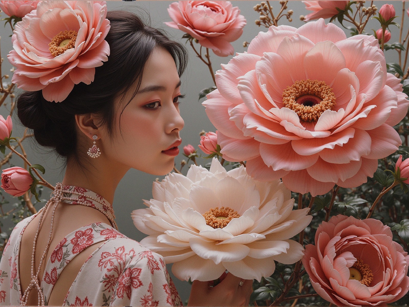 Young Woman Surrounded by Lush Floral Blossoms