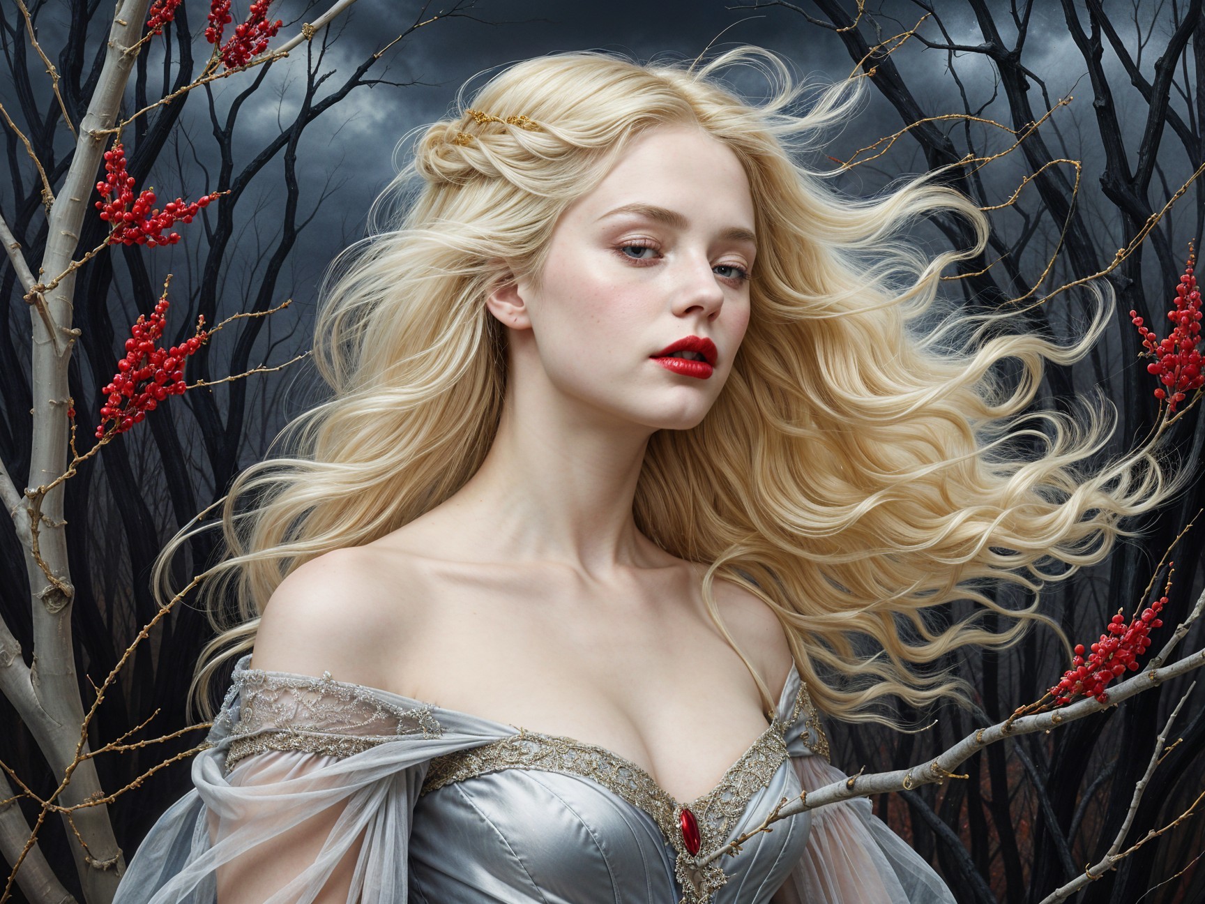 Young Woman in Silver Gown Against Dramatic Backdrop