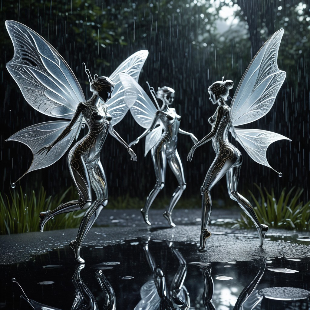 Metallic Fairy Figures in a Rain-Soaked Forest