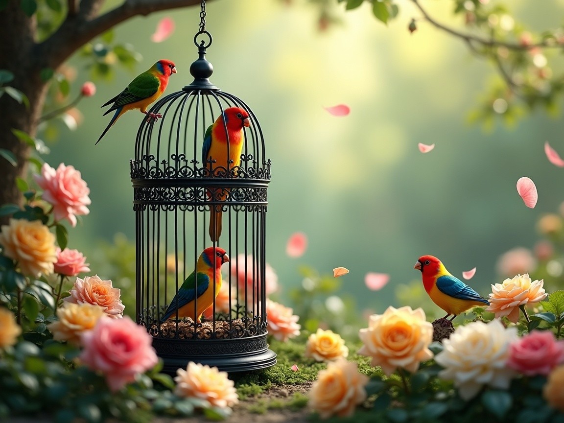 Black Ornate Birdcage Surrounded by Vibrant Roses