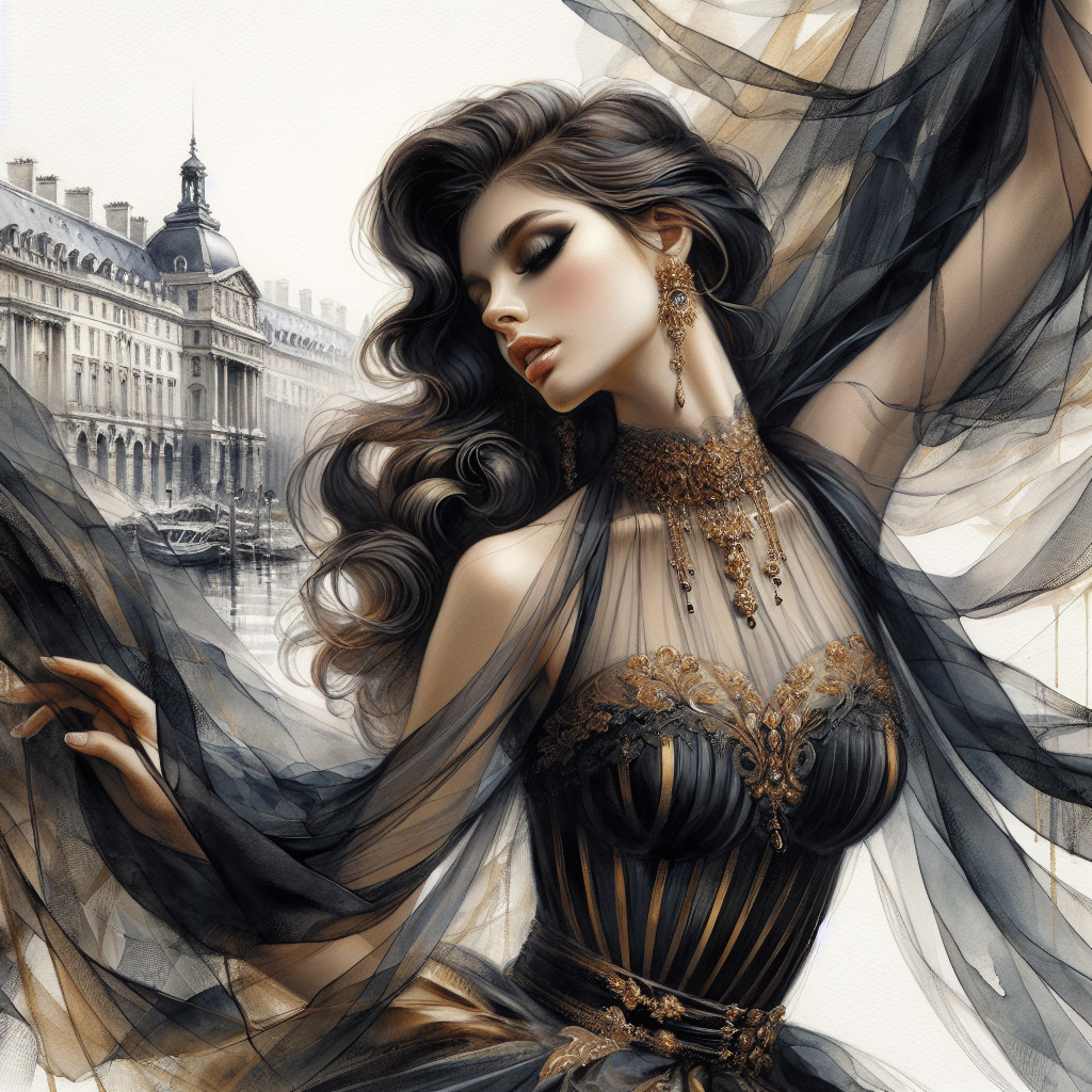 Glamorous Woman in Elegant Black and Gold Gown