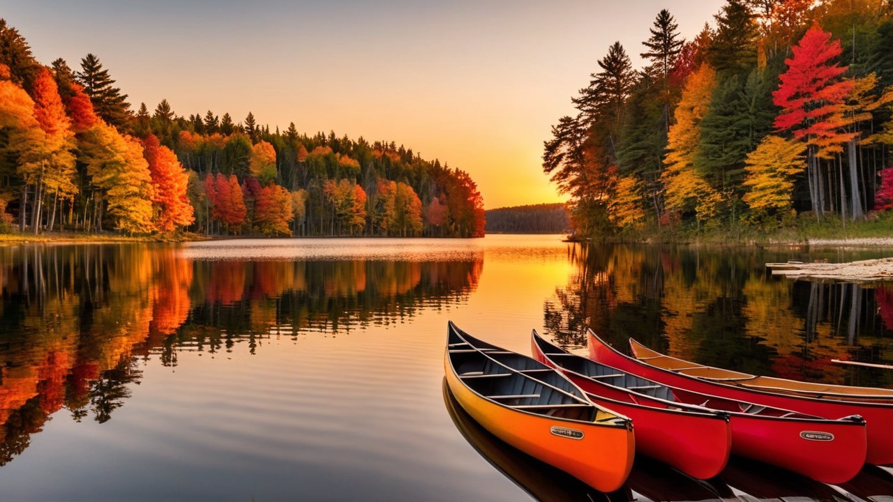 Serene lake at sunset with autumn foliage and canoes