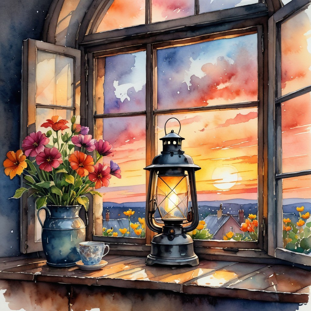 Watercolor Painting of Rooftops and Sunset View