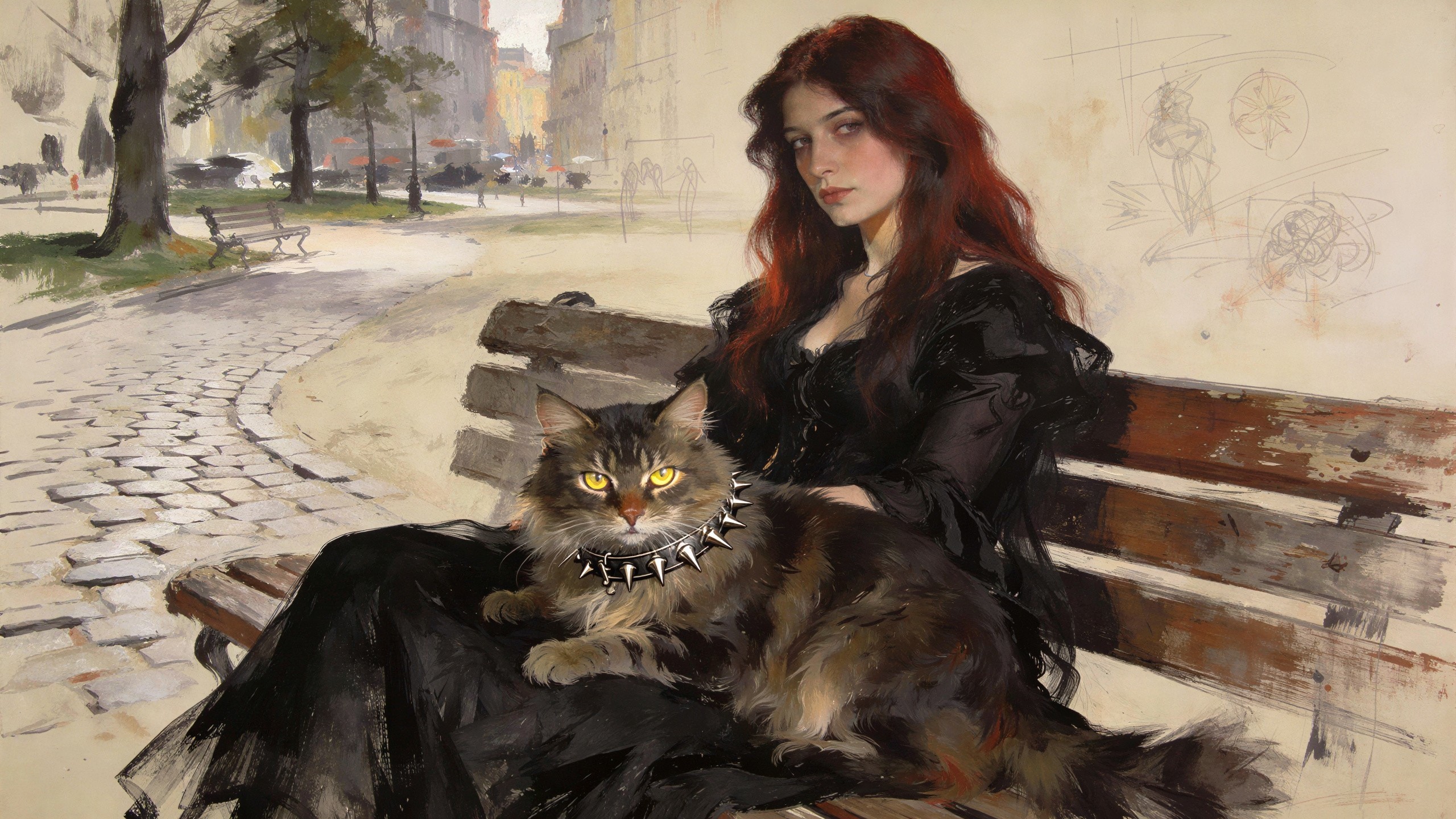 Oil Painting of a Young Woman with Cat in Park