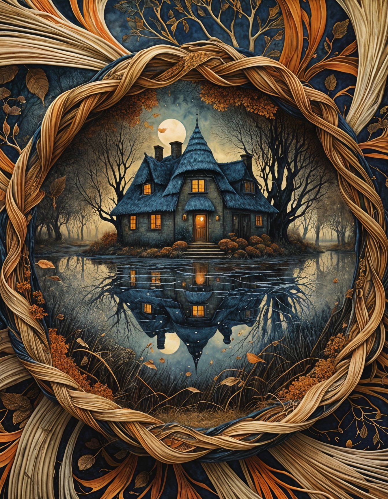 Mystical Night Scene with Illuminated House and Lake