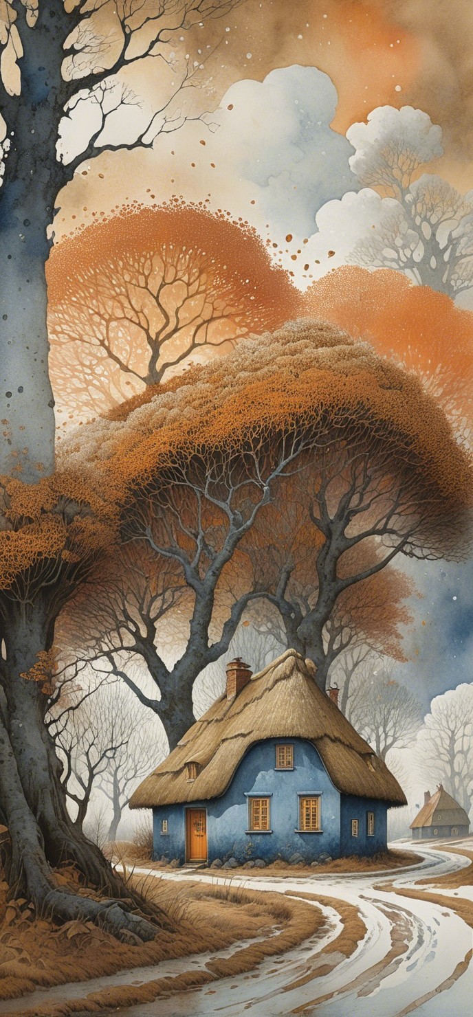 Charming Blue Cottage Surrounded by Autumn Landscape