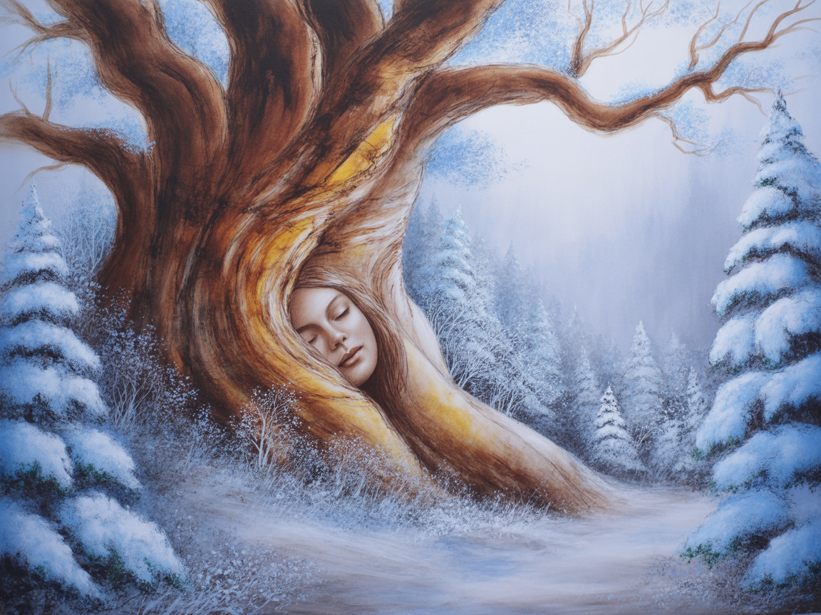 Winter Landscape with Gnarled Tree and Human Face