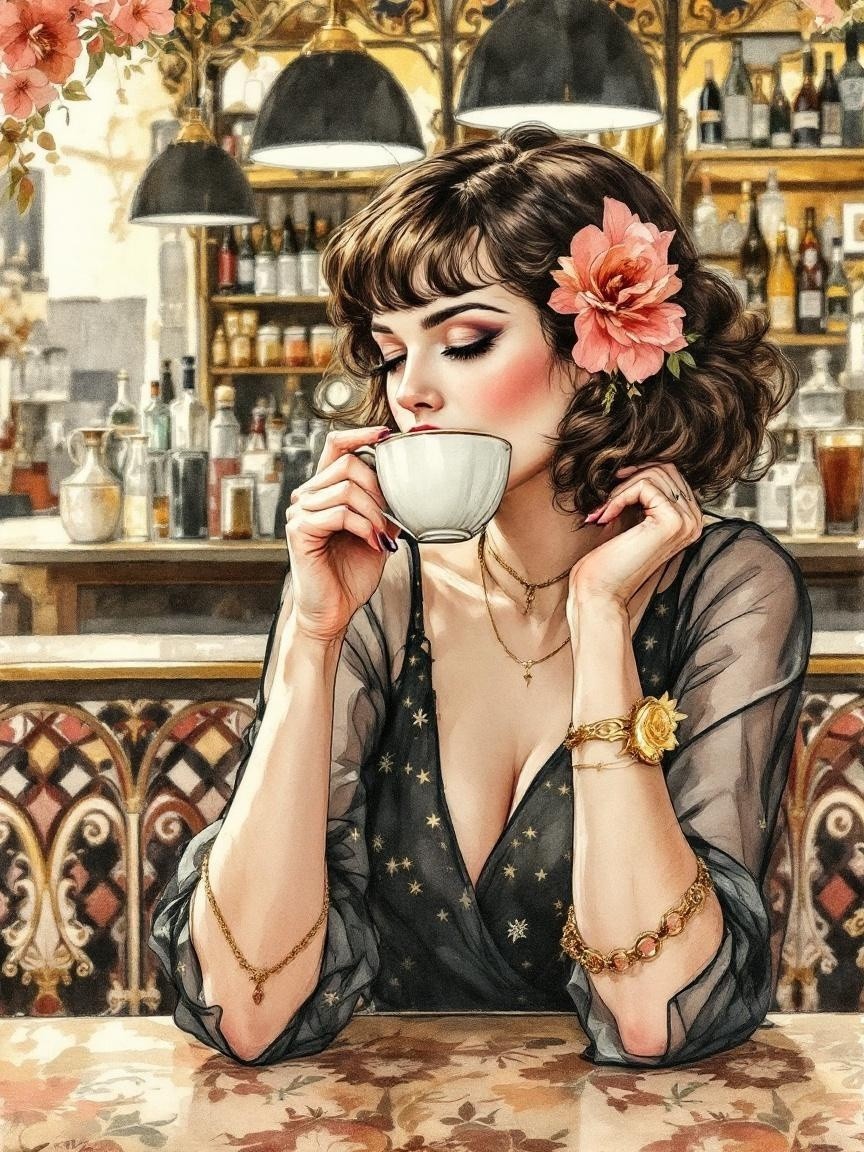 Stylish Woman in Black Dress at Café Table with Tea