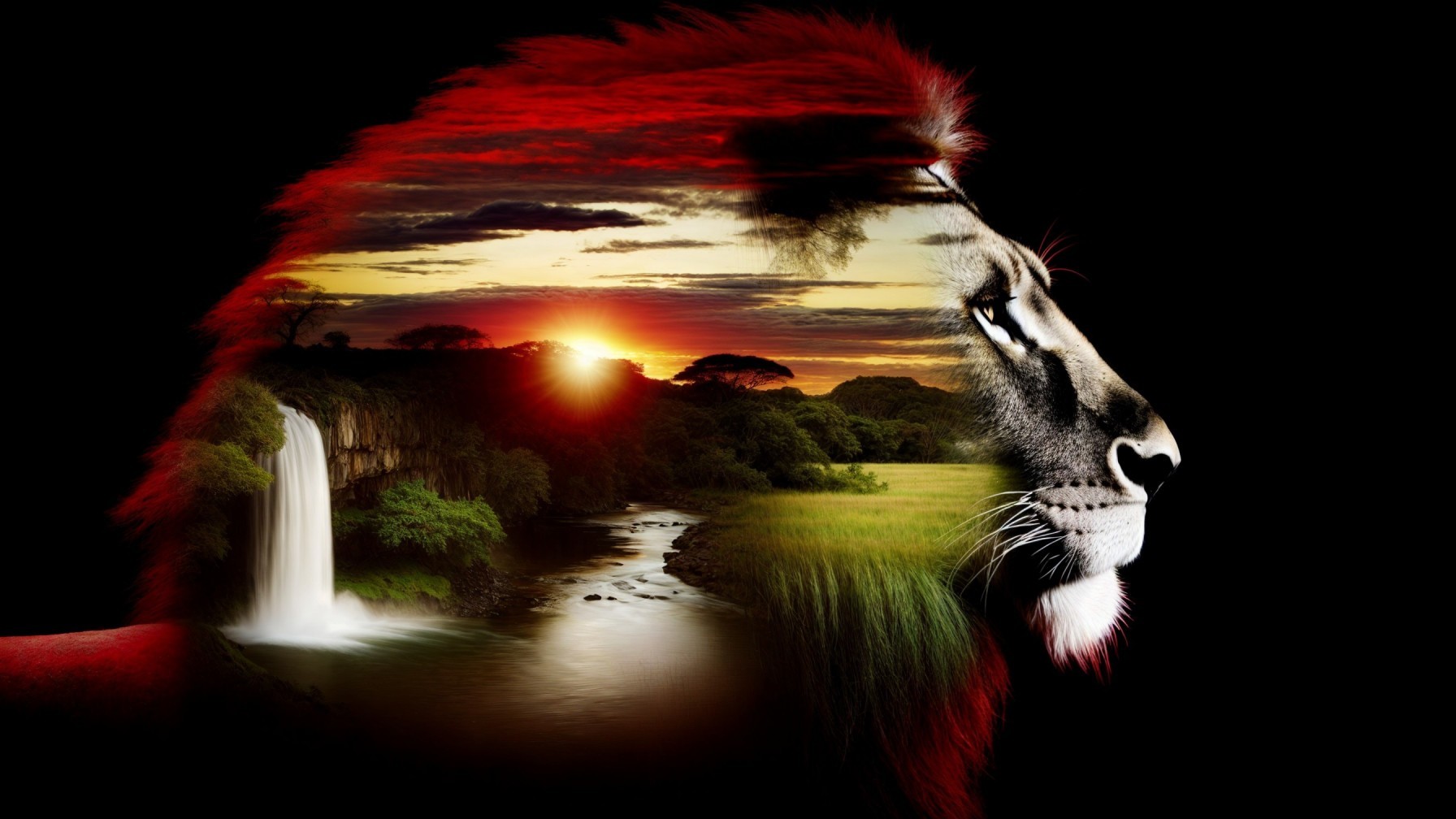 Lion Profile Blended with Sunset and Nature Elements
