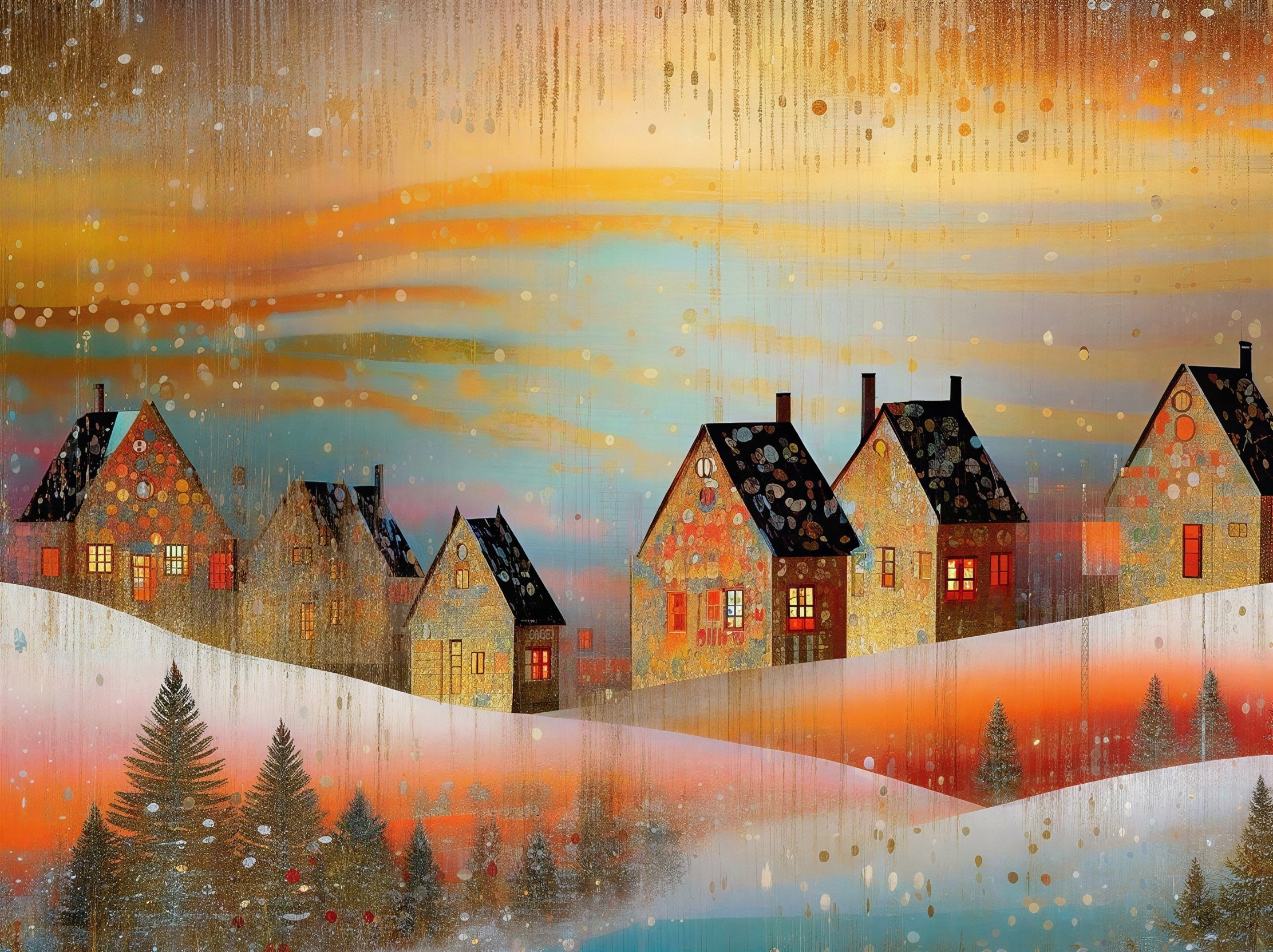 Vibrant Painting of a Snowy Village at Sunset