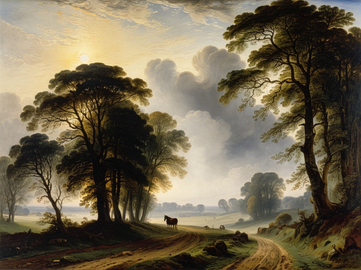 Serene Landscape with Lush Trees and Grazing Horses