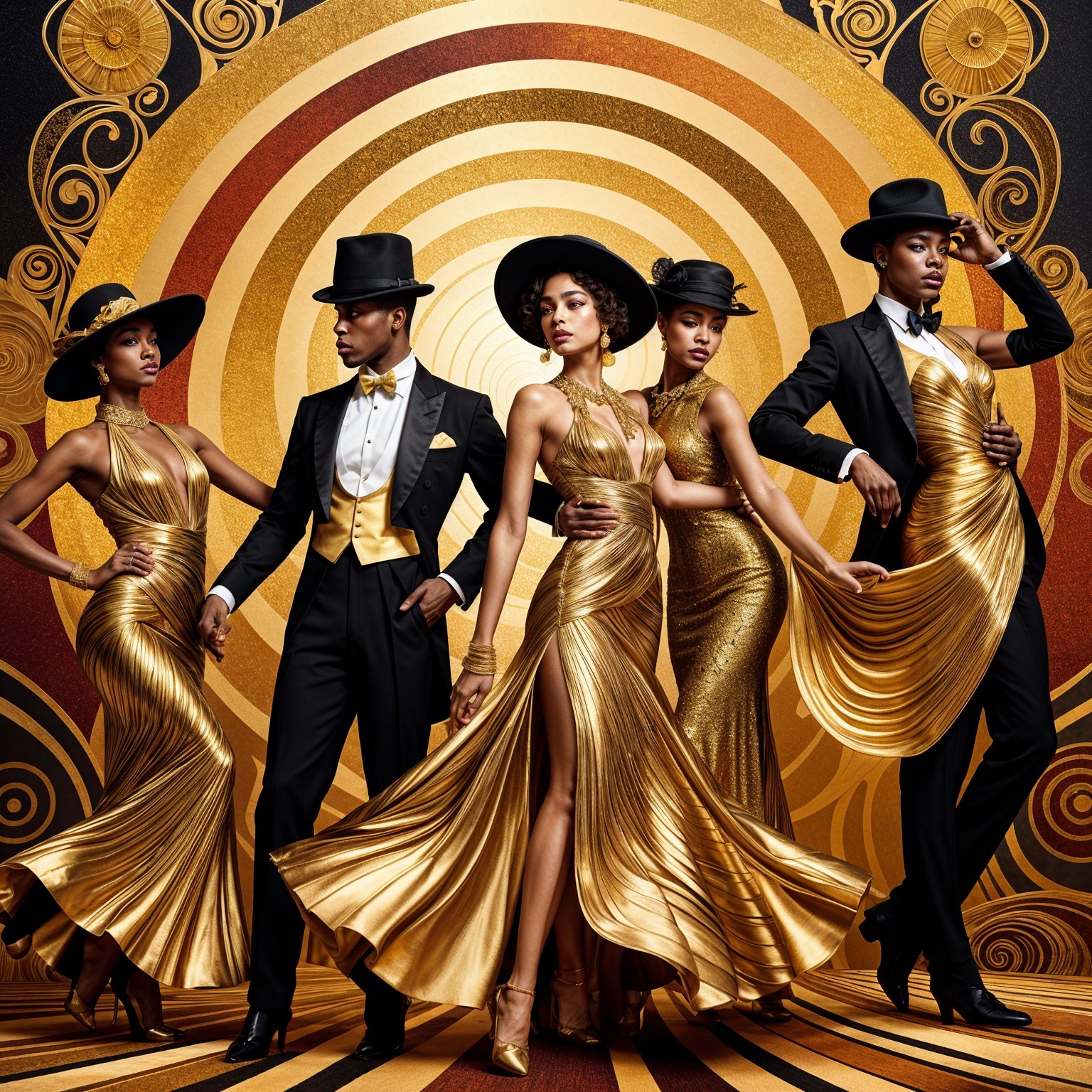 Glamorous Group in Gold Attire with Vibrant Background