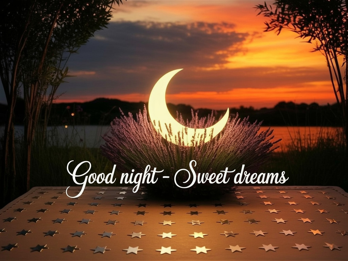 Twilight Scene with Crescent Moon and Lavender Blooms