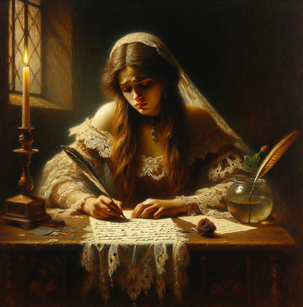 Young woman writing in lace dress with candlelight