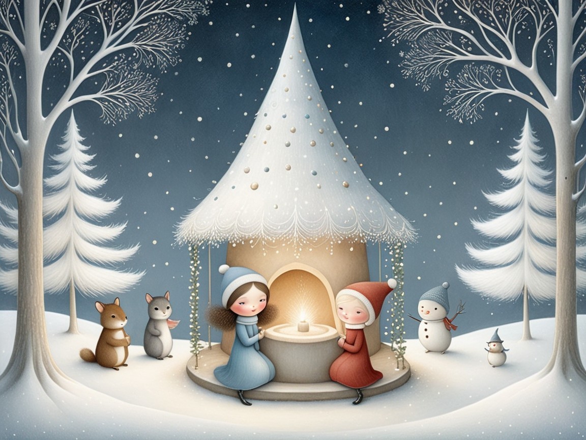 Whimsical Winter Scene with Girls and Snowy Cottage