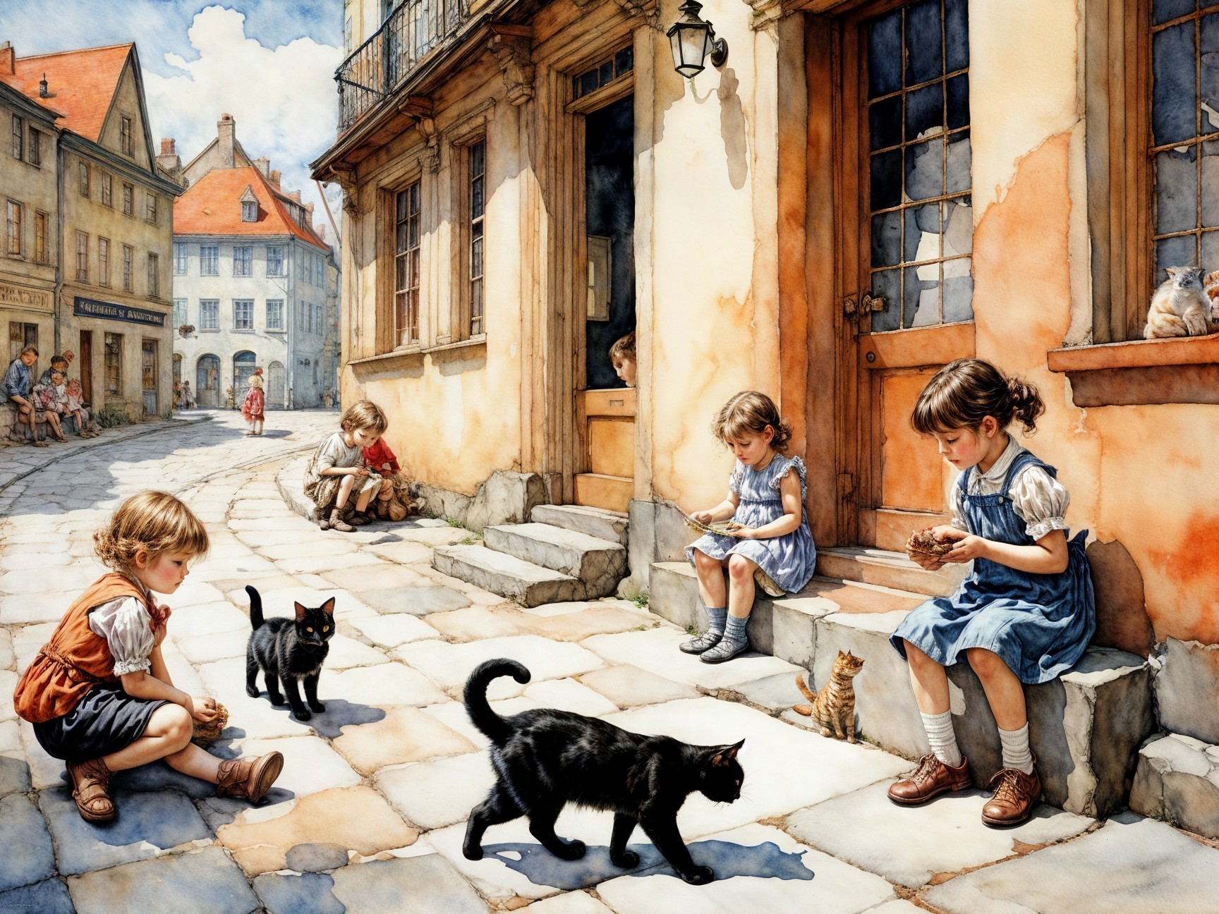 Children Playing in a Quaint Village Street Scene